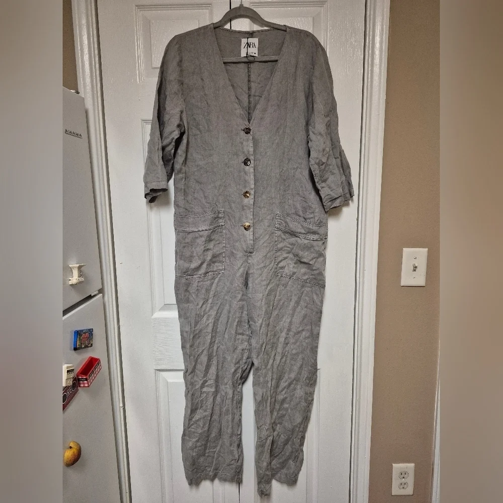 Zara Jumpsuit Women's Large Gray Linen Long Boilersuit Minimalist Lagenlook